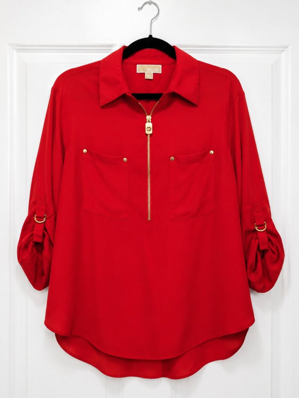 MICHAEL Michael Kors Women's 1X Red Roll Tab Sleeve Zip Front Blouse Gold Tone